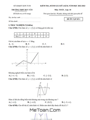 Trọn Bộ Đề Ôn Tập Giữa Kì 2 Môn Toán Lớp 10 Năm 2022 - 2023 Trường THPT Duy Tân - Kon Tum