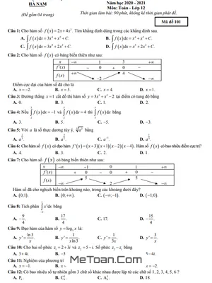 Đề khảo sát chất lượng Toán 12 cuối năm học 2020 - 2021 Sở GD&ĐT Hà Nam