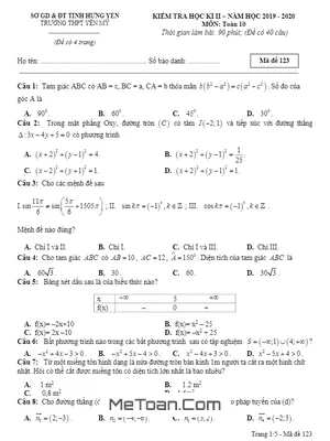 Đề thi học kì 2 Toán 10 năm học 2019 - 2020 trường THPT Yên Mỹ - Hưng Yên