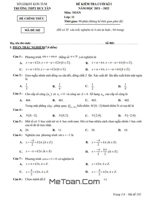 Đề Kiểm Tra Cuối Kì 1 Toán 11 Năm 2021 - 2022 Trường THPT Duy Tân - Kon Tum