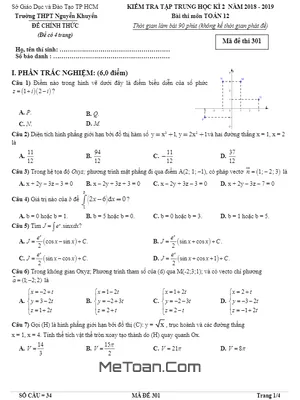 Đề thi học kì 2 Toán 12 năm 2018 – 2019 trường THPT Nguyễn Khuyến – TP HCM