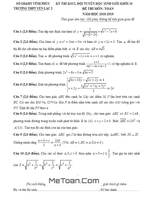 Đề KSCL Đội Tuyển HSG Toán 10 Năm 2018 - 2019 Trường Yên Lạc 2 - Vĩnh Phúc