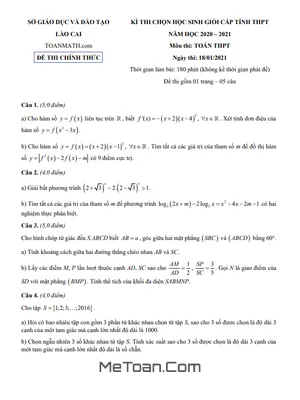 Đề thi học sinh giỏi tỉnh Toán THPT năm 2020 - 2021 sở GD&ĐT Lào Cai