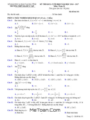 Đề thi HK2 Toán 11 năm học 2016 - 2017 trường THPT Hà Huy Tập - Hà Tĩnh có đáp án