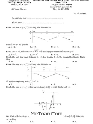 Đề thi thử Toán TN THPT 2024 lần 1 trường chuyên Hoàng Văn Thụ – Hòa Bình