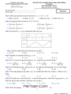 Đề Thi Thử Toán TN THPT 2022 Trường THPT Nguyễn Đình Chiểu - Tiền Giang