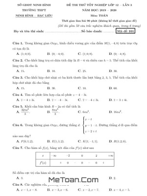 Đề thi thử tốt nghiệp THPT 2020 môn Toán lần 3 trường THPT Ninh Bình – Bạc Liêu – Ninh Bình