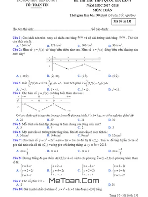 Đề thi thử Toán THPTQG 2018 trường THPT Tiên Du 1 – Bắc Ninh (Mã đề 137)