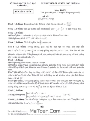 Đề Thi Thử THPT Quốc Gia 2016 Môn Toán - Sở GD&ĐT Cao Bằng (Có Đáp Án)