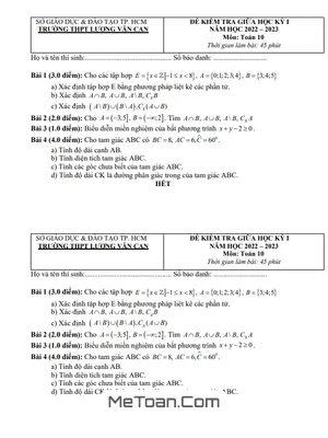 Đề thi giữa HK1 Toán 10 năm 2022 - 2023 trường THPT Lương Văn Can - TP HCM