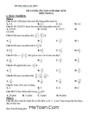 Đề Cương Ôn Tập Cuối Kì 2 Toán 6 Năm 2023 - 2024 Trường THCS Vạn Phúc - Hà Nội