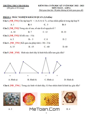 Đề tham khảo cuối kỳ 1 Toán lớp 6 năm 2022 - 2023 trường THCS Thanh Đa - TP.HCM