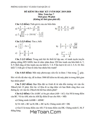 Đề thi học kỳ 1 Toán lớp 7 năm 2019 - 2020 phòng GD&ĐT Quận 12 - TP HCM