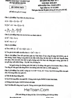 Đề thi HK1 Toán 8 năm 2018 - 2019 phòng GD&ĐT Bình Chánh - Có đáp án