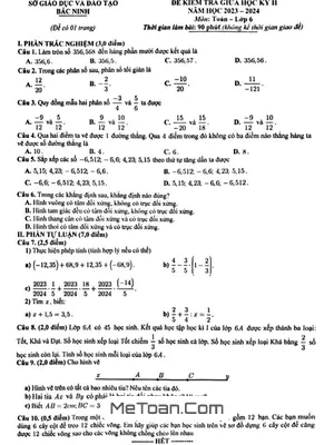 Đề thi giữa kì 2 Toán 6 năm 2023 - 2024 sở GD&ĐT Bắc Ninh