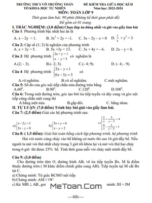 Đề Thi Giữa Kì 2 Môn Toán Lớp 9 Năm 2023-2024 Trường THCS Võ Trường Toản - BR VT (Có Đáp Án)