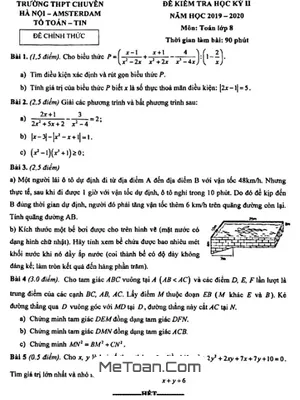 Đề Thi Học Kỳ 2 Toán 8 Năm 2019 - 2020 Trường THPT Chuyên Hà Nội - Amsterdam