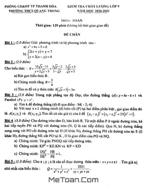 Đề khảo sát chất lượng Toán 9 năm 2020 - 2021 trường THCS Quang Trung - Thanh Hóa