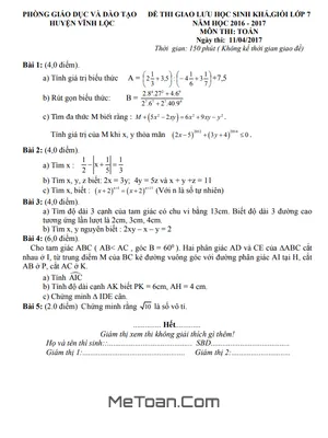 Đề giao lưu HSG Toán 7 năm 2016 - 2017 phòng GD&ĐT Vĩnh Lộc - Thanh Hóa