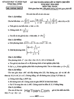 Đề Thi Vào Lớp 10 Chuyên Toán Trà Vinh Năm 2024 - 2025