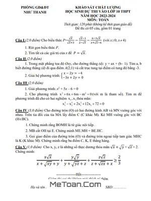 Đề KSCL Toán vào lớp 10 năm 2023 - 2024 phòng GD&ĐT Như Thanh - Thanh Hoá
