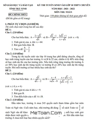 Đề thi tuyển sinh lớp 10 chuyên Toán năm 2021-2022 Sở GD&ĐT Trà Vinh