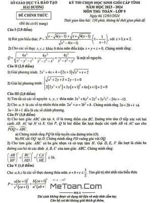 Đề thi HSG tỉnh Toán 9 năm 2023 - 2024 Sở GD&ĐT Hải Dương