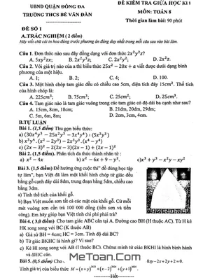 Đề giữa kì 1 Toán 8 năm 2024-2025 trường THCS Bế Văn Đàn - Hà Nội
