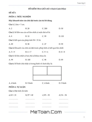 Bộ 5 Đề Ôn Luyện Thi Giữa Kỳ 1 Môn Toán Lớp 2 (Cánh Diều)