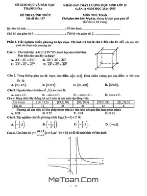 Đề khảo sát chất lượng Toán 12 lần 1 năm 2024 - 2025 sở GD&ĐT Thanh Hóa