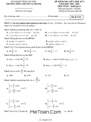 Đề thi giữa kì 1 Toán 11 năm 2025 - 2026 THPT chuyên Vị Thanh - Cần Thơ