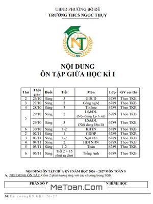 Đề Cương Ôn Tập Giữa Học Kỳ 1 Toán 9 Năm Học 2026-2027 Trường THCS Ngọc Thụy, Hà Nội