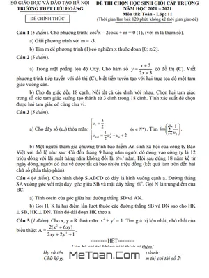 Đề thi HSG Toán 11 năm 2020 - 2021 trường THPT Lưu Hoàng - Hà Nội