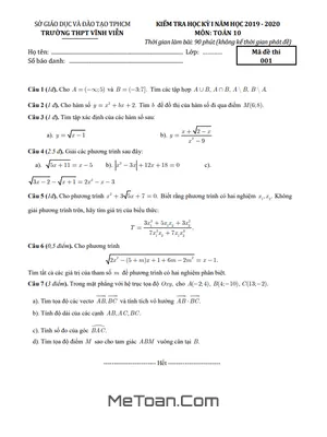 Đề thi học kì 1 Toán 10 năm 2019 - 2020 trường THPT Vĩnh Viễn - TP HCM