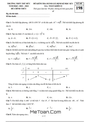 Đề thi học kì 1 Toán 12 năm 2022 - 2023 trường THPT Thủ Đức - TP HCM