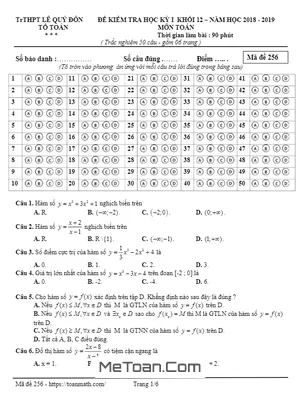 Đề thi HK1 Toán 12 năm 2018 - 2019 trường THPT Lê Quý Đôn - Quảng Ngãi
