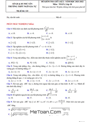 Đề thi giữa kì 2 Toán 10 năm 2021 – 2022 trường THPT Ngô Gia Tự – Phú Yên
