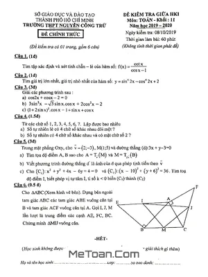 Đề kiểm tra giữa HK1 Toán 11 năm 2019 - 2020 trường Nguyễn Công Trứ - TP HCM