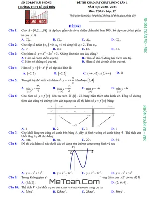 Đề khảo sát lần 1 Toán 12 năm 2020 - 2021 trường Lê Quý Đôn - Hải Phòng