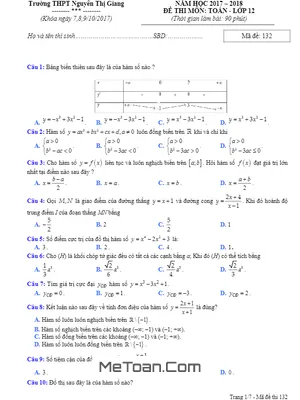 Đề thi khảo sát chuyên đề Toán 12 lần 1 năm 2017 - 2018 trường THPT Nguyễn Thị Giang - Vĩnh Phúc