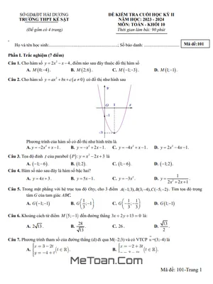 Đề học kì 2 Toán 10 năm 2023 - 2024 trường THPT Kẻ Sặt - Hải Dương