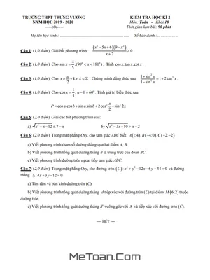 Đề Thi Học Kì 2 Toán 10 Năm 2019 - 2020 Trường THPT Trưng Vương - TP.HCM