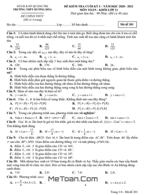 Đề thi cuối kỳ 1 Toán 11 năm 2020 - 2021 trường THPT Hướng Hóa - Quảng Trị