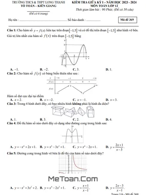 Đề Thi Giữa Kỳ 1 Toán 12 Năm 2023 - 2024 Trường Long Thạnh - Kiên Giang