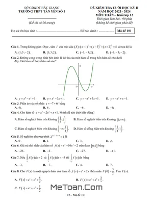 Đề thi cuối kỳ 2 Toán 12 năm 2023 - 2024 trường THPT Tân Yên 1 - Bắc Giang