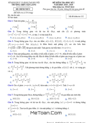Đề thi học kì 2 Toán 12 năm 2018 - 2019 trường THPT Yên Lãng - Hà Nội
