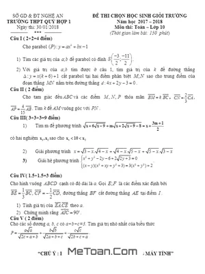 Đề thi chọn HSG Toán 10 năm học 2017 - 2018 trường THPT Quỳ Hợp 1 - Nghệ An
