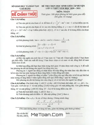 Đề thi chọn HSG cấp huyện môn Toán lớp 12 năm 2020 - 2021 Sở GD&ĐT Cao Bằng