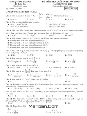 Đề Thi Cuối Kỳ 2 Toán 11 Năm 2022 - 2023 Trường THPT Trần Phú - Phú Yên
