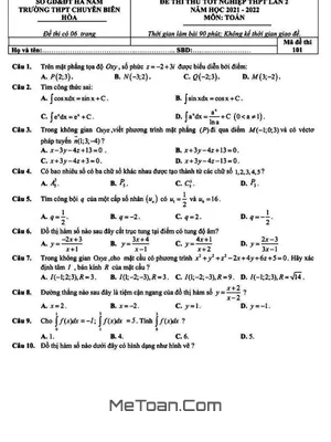 Đề thi thử Toán tốt nghiệp THPT 2022 lần 2 trường chuyên Biên Hòa - Hà Nam